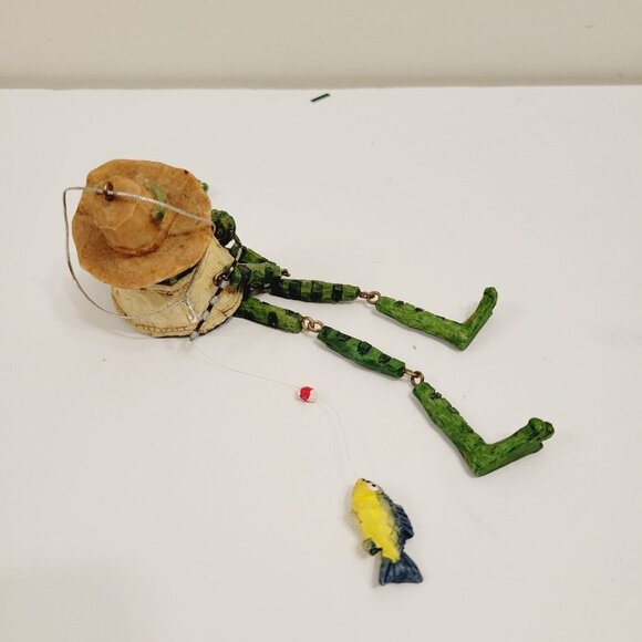 Green Frog Fisherman fishing Pole Shelf Sitter Ornament 7” Tall Posable Legs - Picture 5 of 6